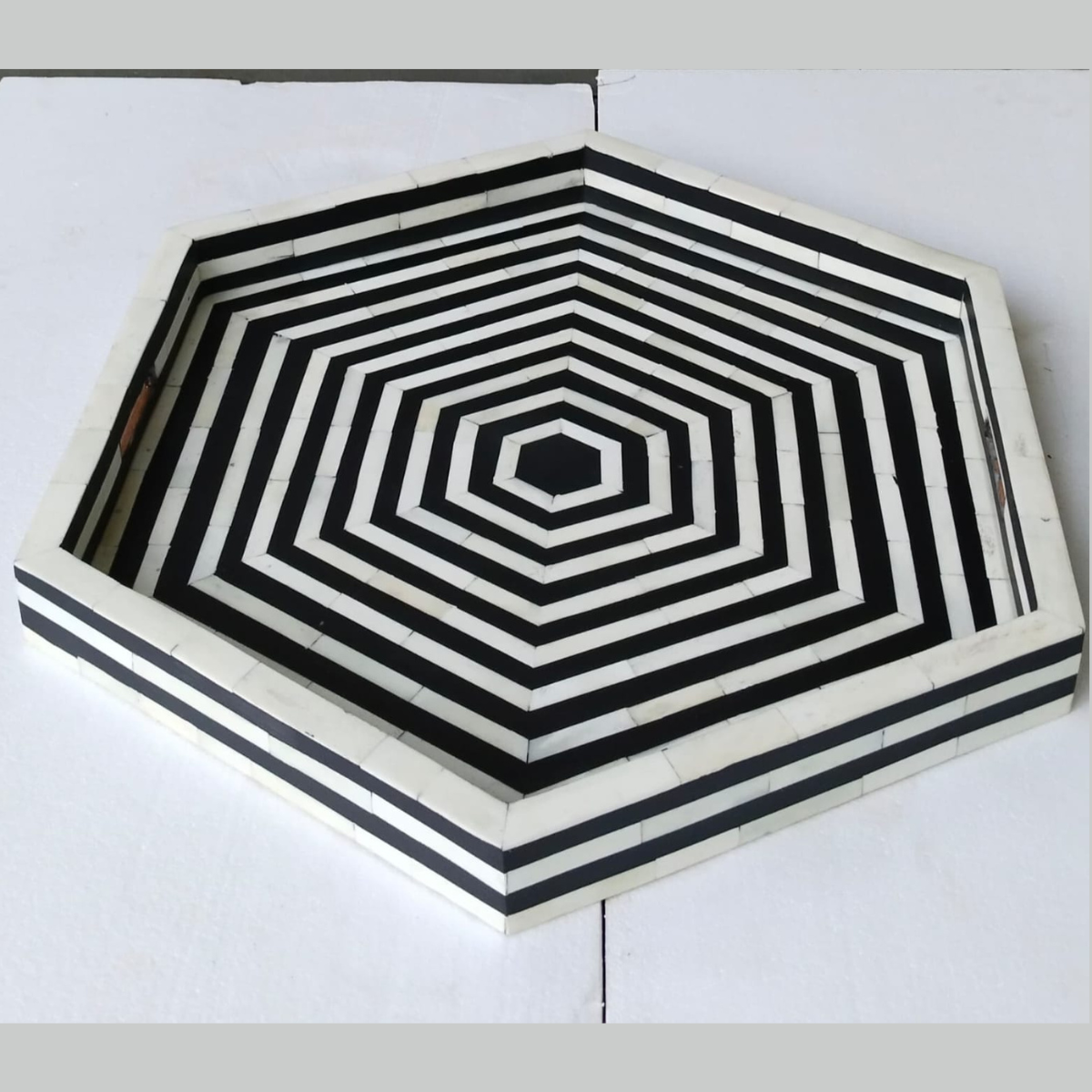 Handmade Bone Inlay Hexagon Tray Black White Geometric Design Decorative Serving Tray