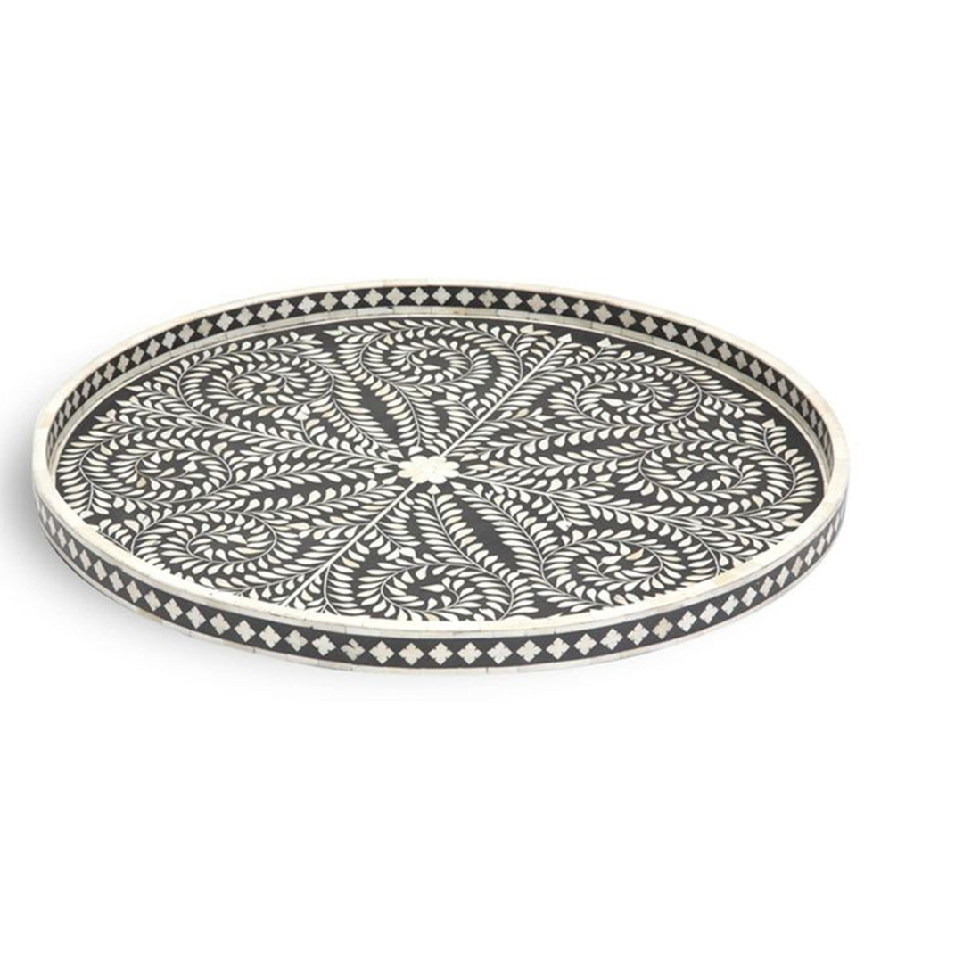 Handmade Bone Inlay Round Tray Black White Floral Design Decorative Serving Tray Luxury Tabletop