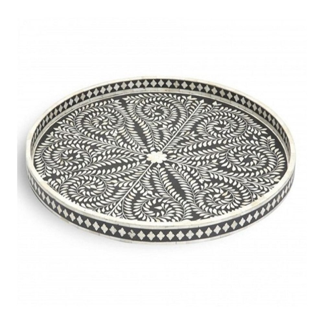 Handmade Bone Inlay Round Tray Black White Floral Design Decorative Serving Tray Luxury Tabletop