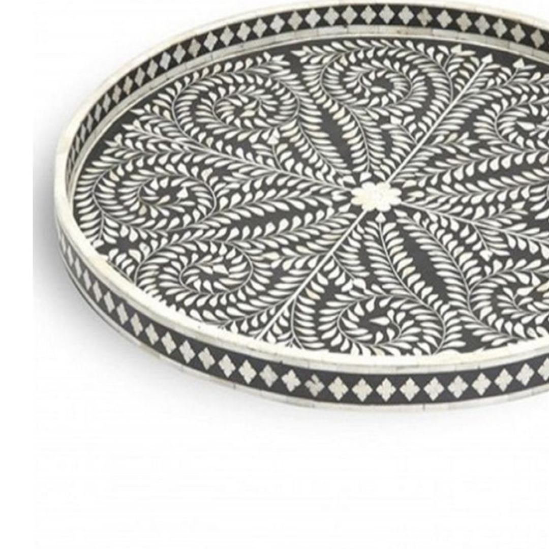 Handmade Bone Inlay Round Tray Black White Floral Design Decorative Serving Tray Luxury Tabletop