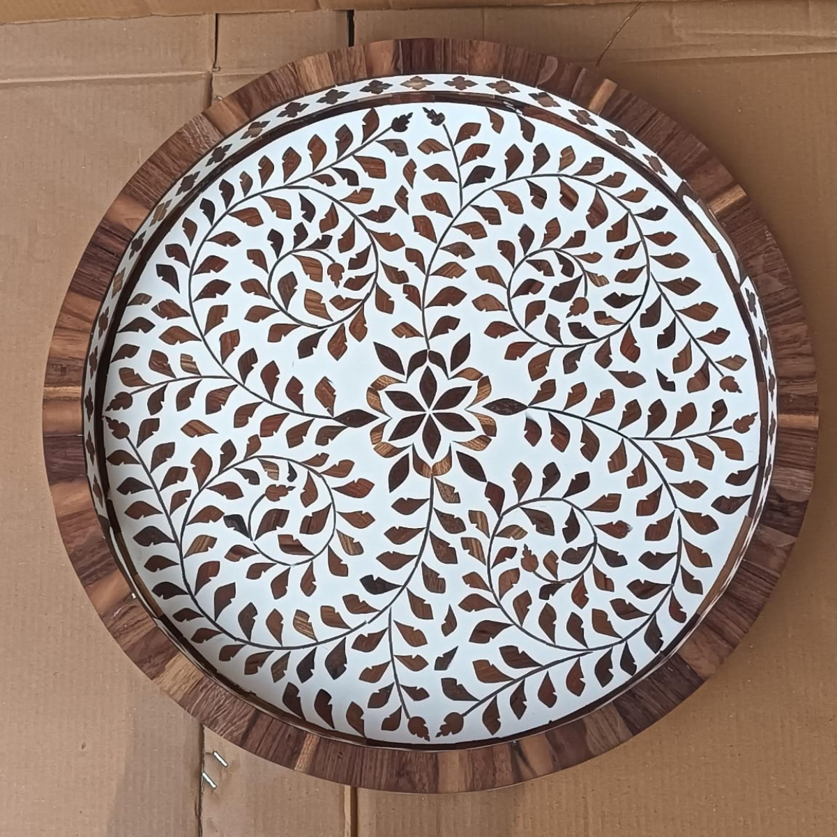 Handcrafted Bone Inlay Tray – Teak Wood Round Serving & Decorative Tray for Home