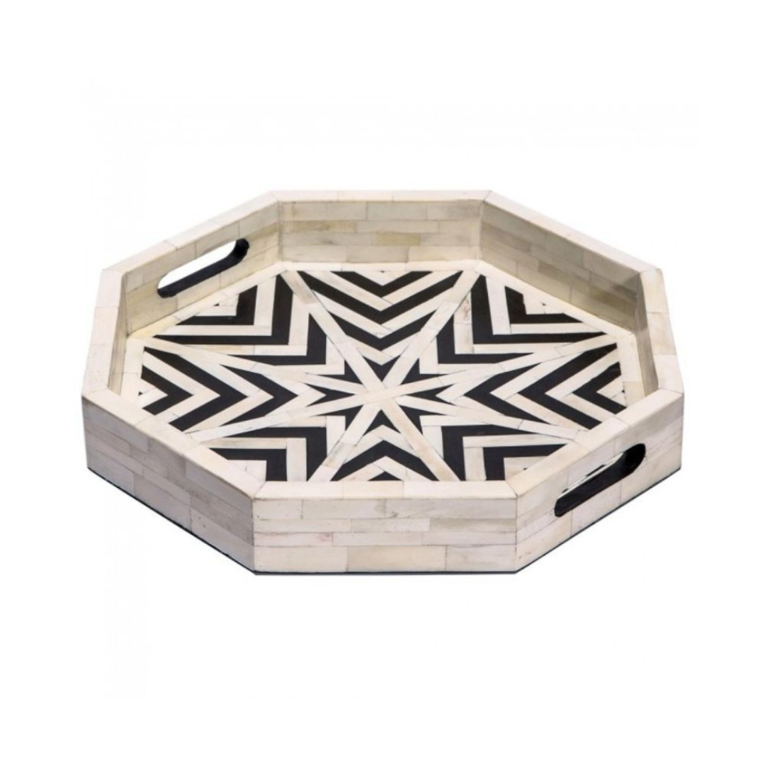 Handmade Bone Inlay Hexagon Tray Black White Zig Zag Design Decorative Serving Tray with Handles