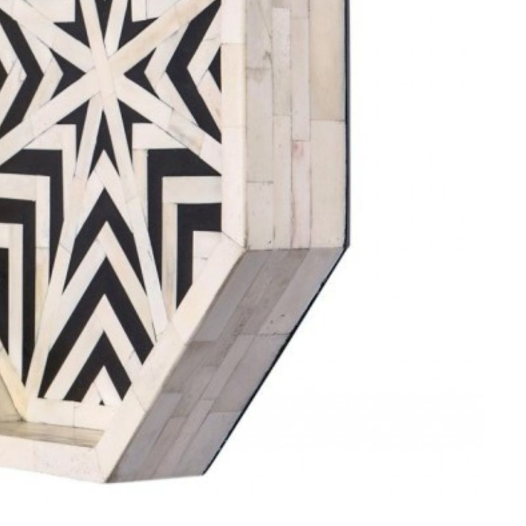 Handmade Bone Inlay Hexagon Tray Black White Zig Zag Design Decorative Serving Tray with Handles