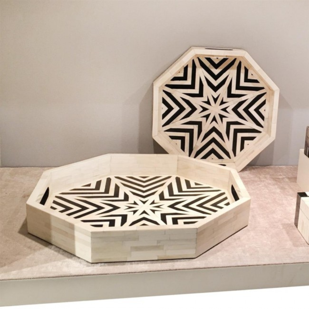 Handmade Bone Inlay Hexagon Tray Black White Zig Zag Design Decorative Serving Tray with Handles