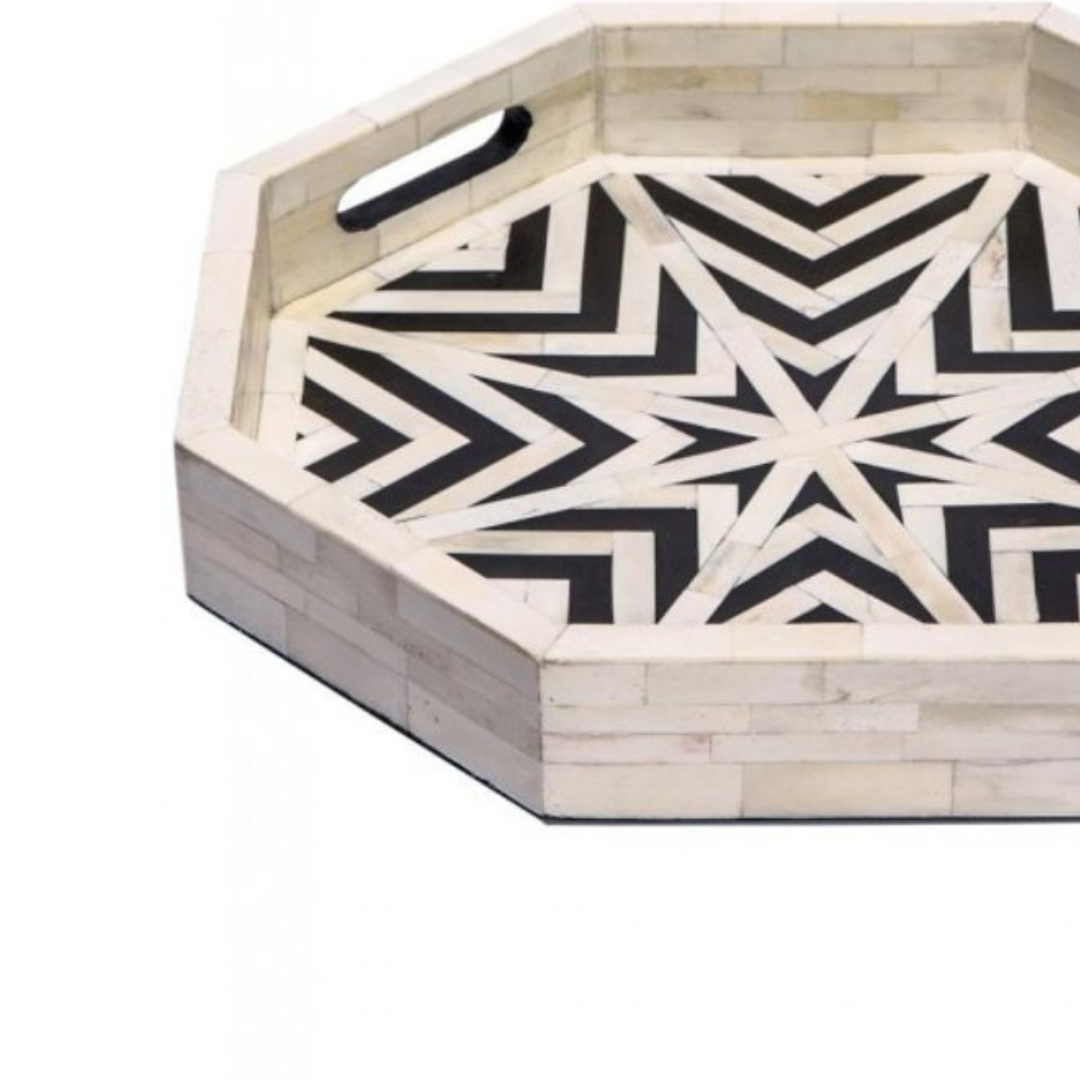 Handmade Bone Inlay Hexagon Tray Black White Zig Zag Design Decorative Serving Tray with Handles