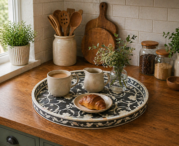 Handmade Bone Inlay Round Tray Grey Floral Design Decorative Serving Tray Luxury Tabletop Decor