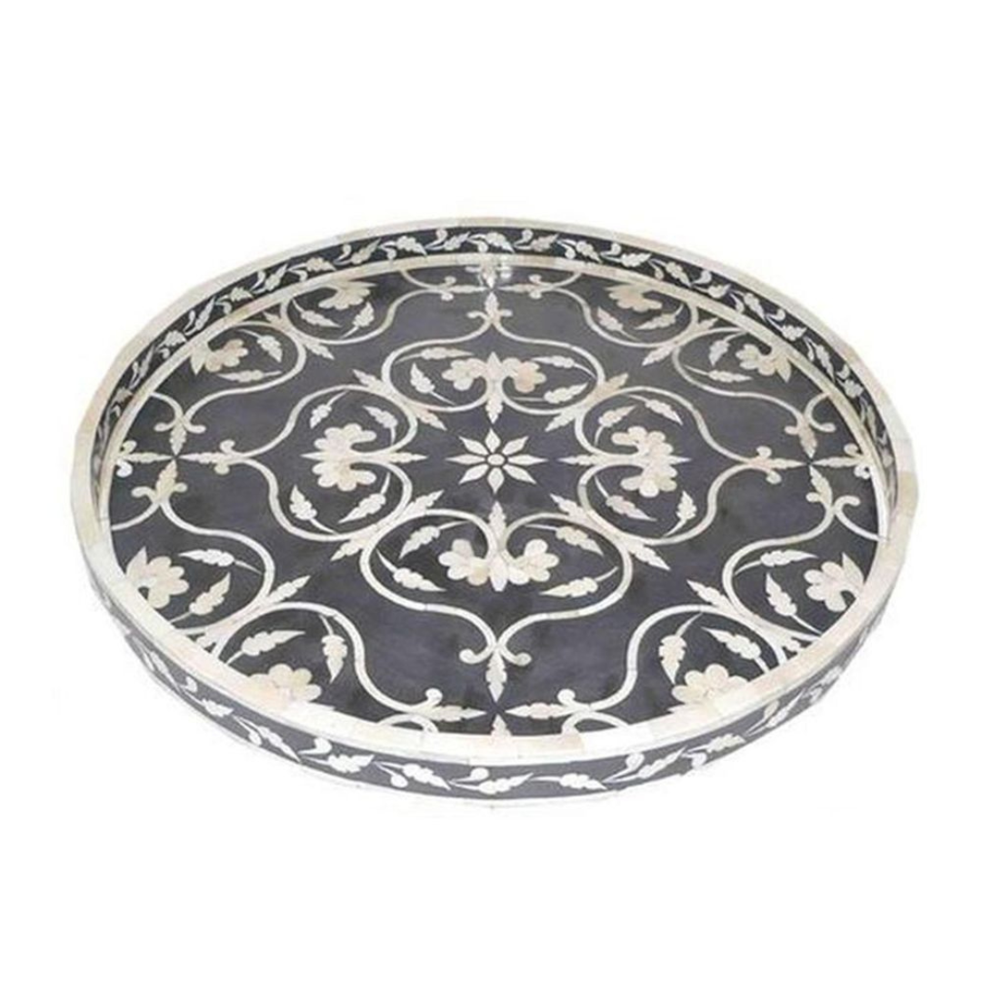Handmade Bone Inlay Round Tray Grey Floral Design Decorative Serving Tray Luxury Tabletop Decor