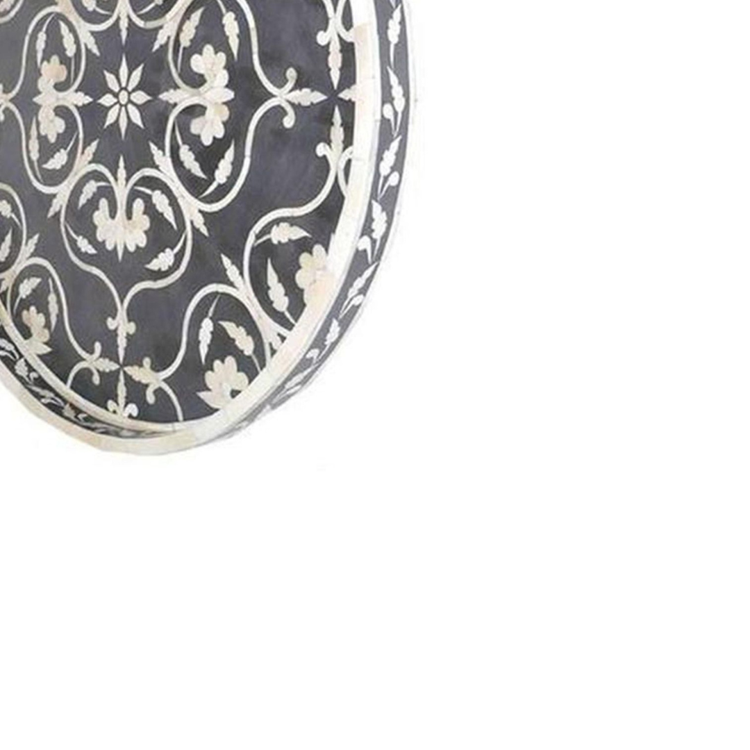 Handmade Bone Inlay Round Tray Grey Floral Design Decorative Serving Tray Luxury Tabletop Decor