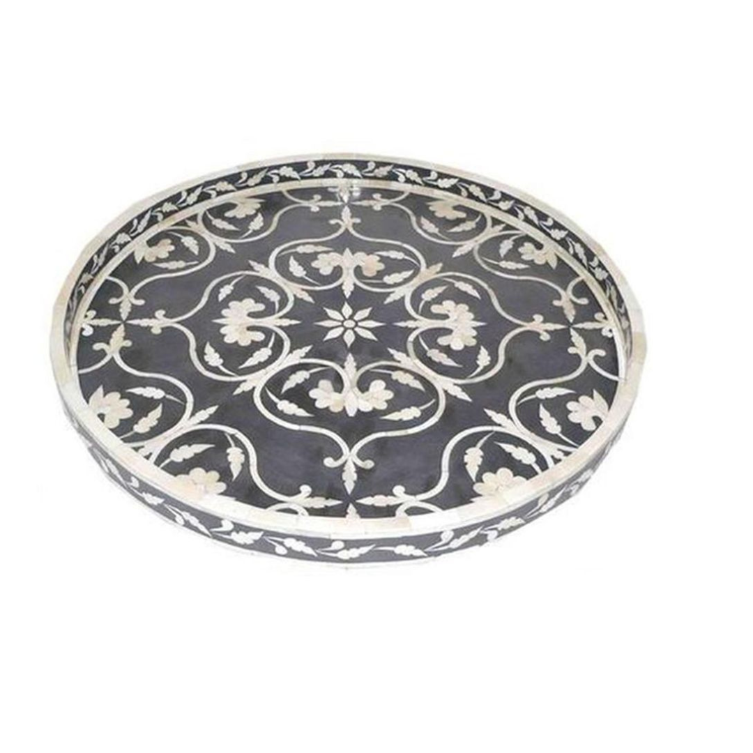 Handmade Bone Inlay Round Tray Grey Floral Design Decorative Serving Tray Luxury Tabletop Decor