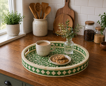 Handmade Bone Inlay Round Tray Green Floral Design Serving Tray Decorative Tabletop Tray with Handles