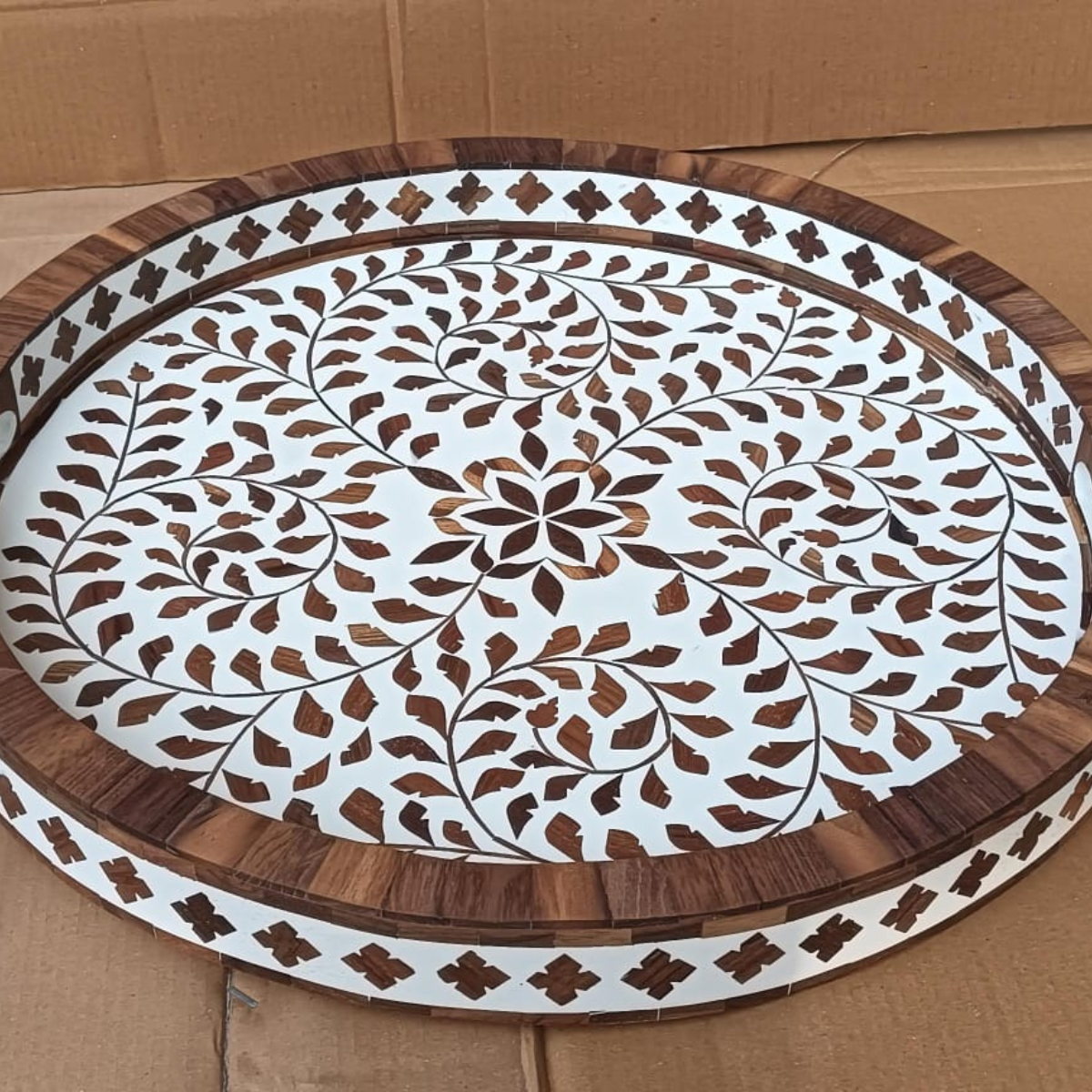 Handcrafted Bone Inlay Tray – Teak Wood Round Serving & Decorative Tray for Home