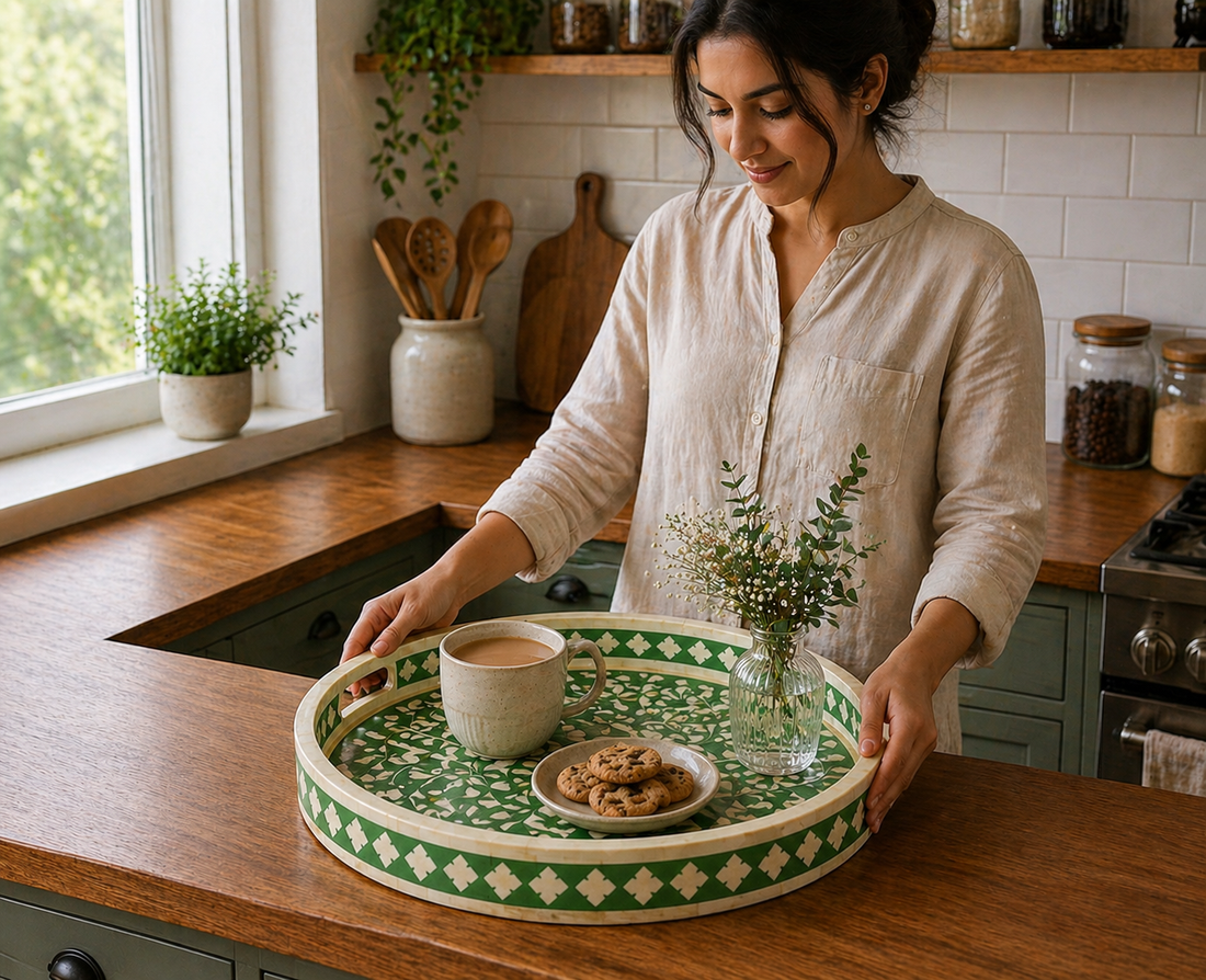 Handmade Bone Inlay Round Tray Green Floral Design Serving Tray Decorative Tabletop Tray with Handles