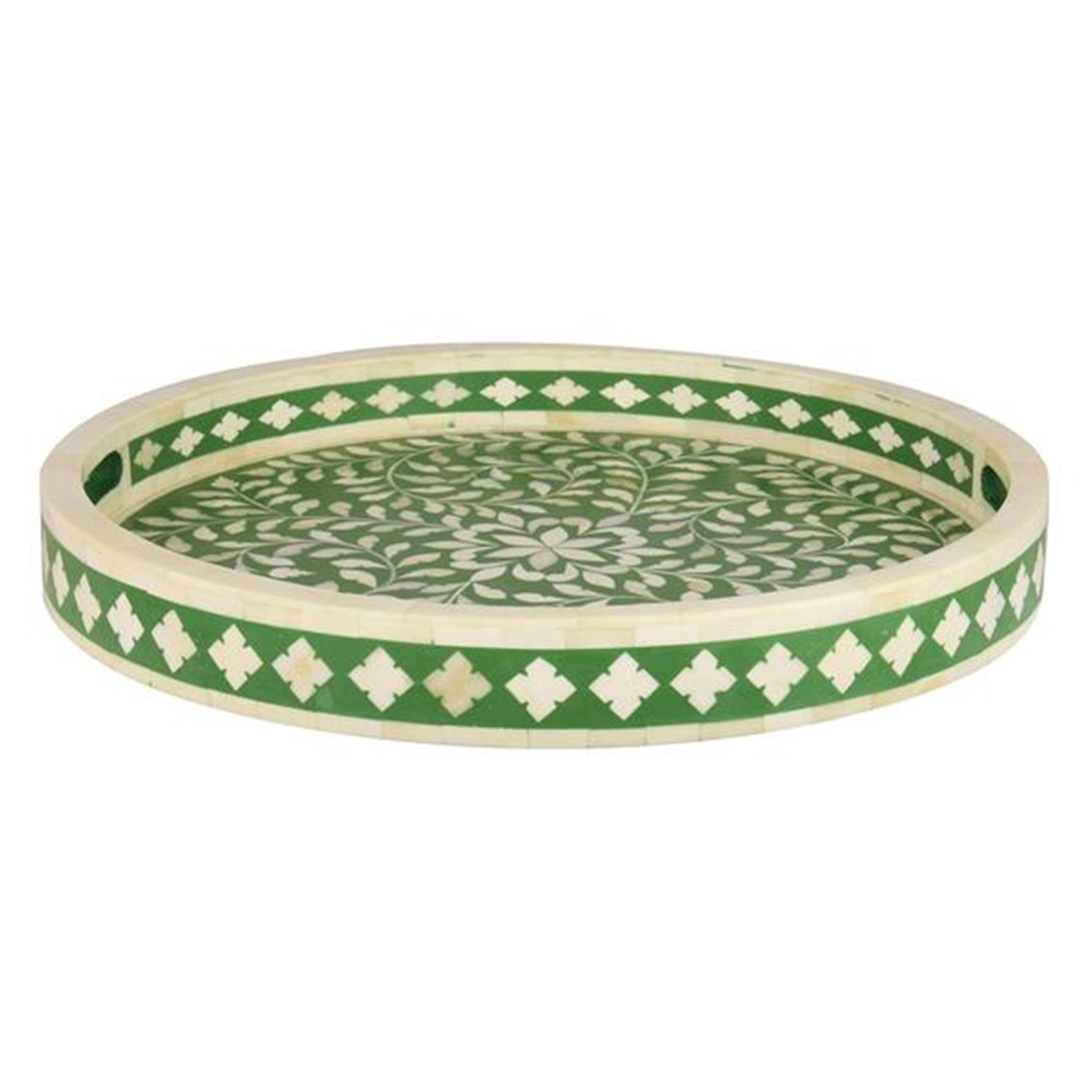 Handmade Bone Inlay Round Tray Green Floral Design Serving Tray Decorative Tabletop Tray with Handles