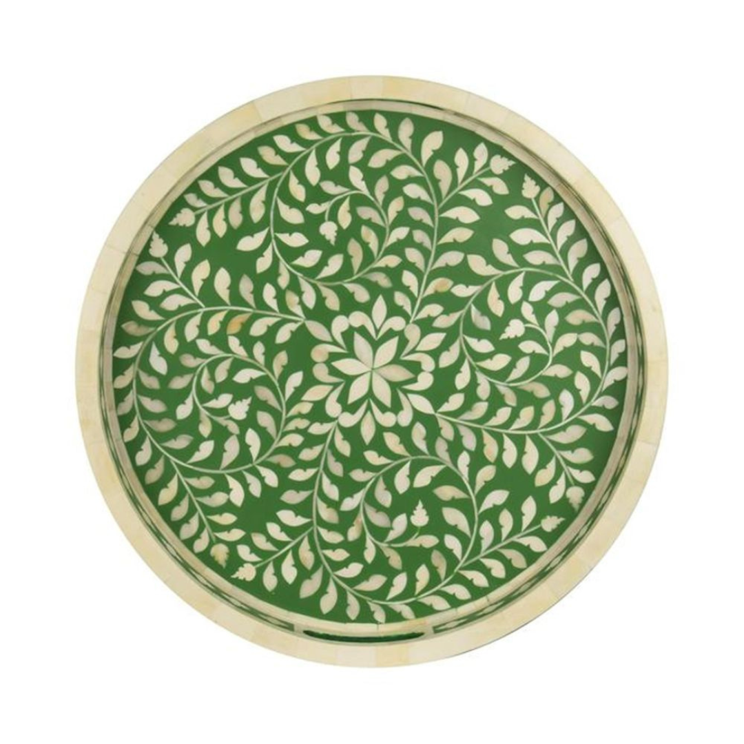 Handmade Bone Inlay Round Tray Green Floral Design Serving Tray Decorative Tabletop Tray with Handles