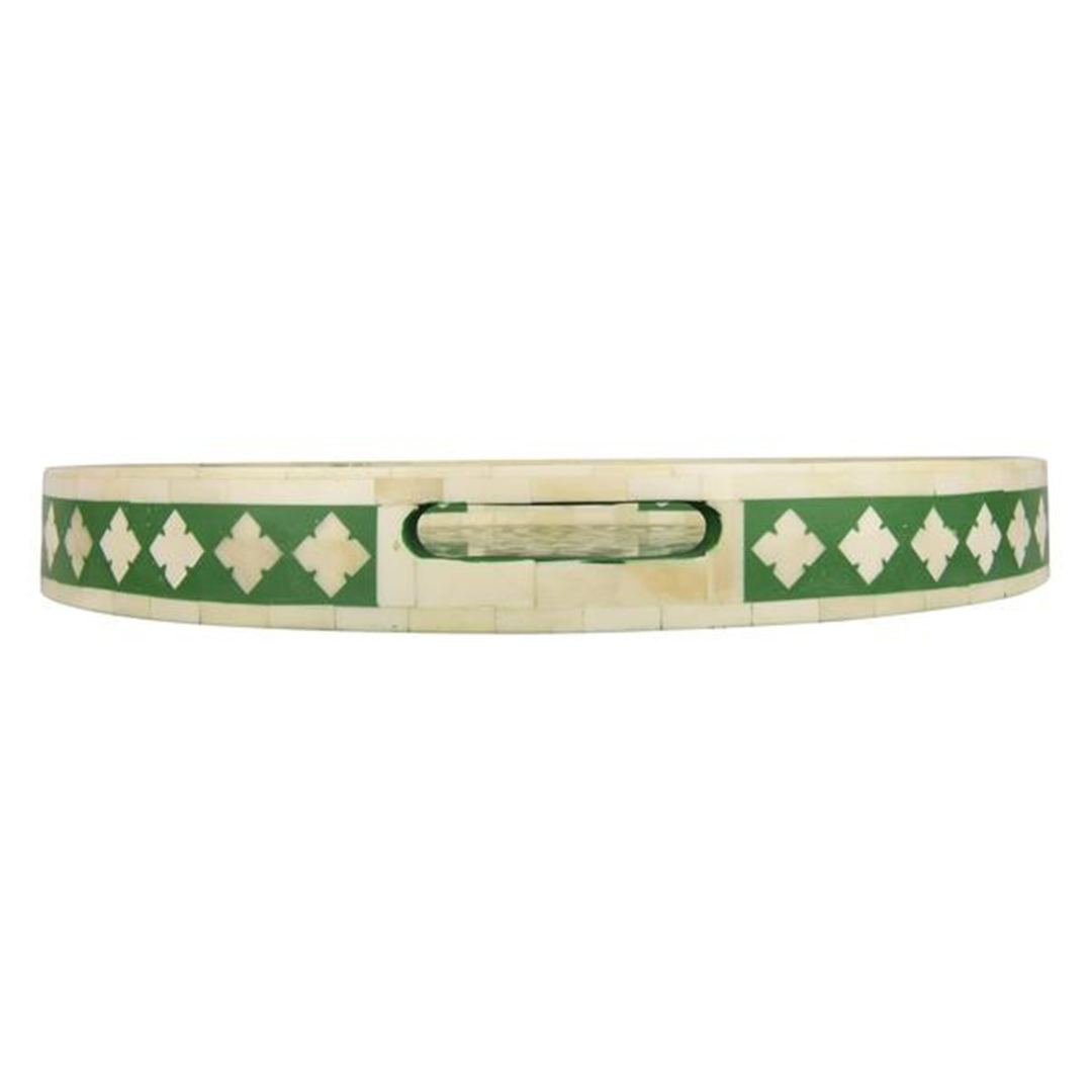 Handmade Bone Inlay Round Tray Green Floral Design Serving Tray Decorative Tabletop Tray with Handles