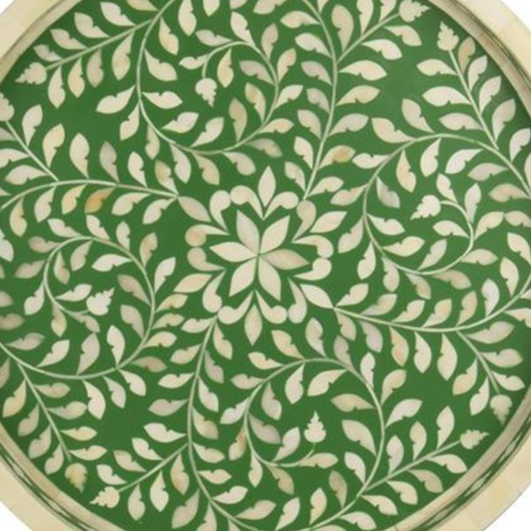 Handmade Bone Inlay Round Tray Green Floral Design Serving Tray Decorative Tabletop Tray with Handles