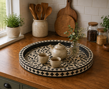 Handmade Bone Inlay Round Tray Black Floral Design Luxury Serving Tray Decorative Coffee Table Tray