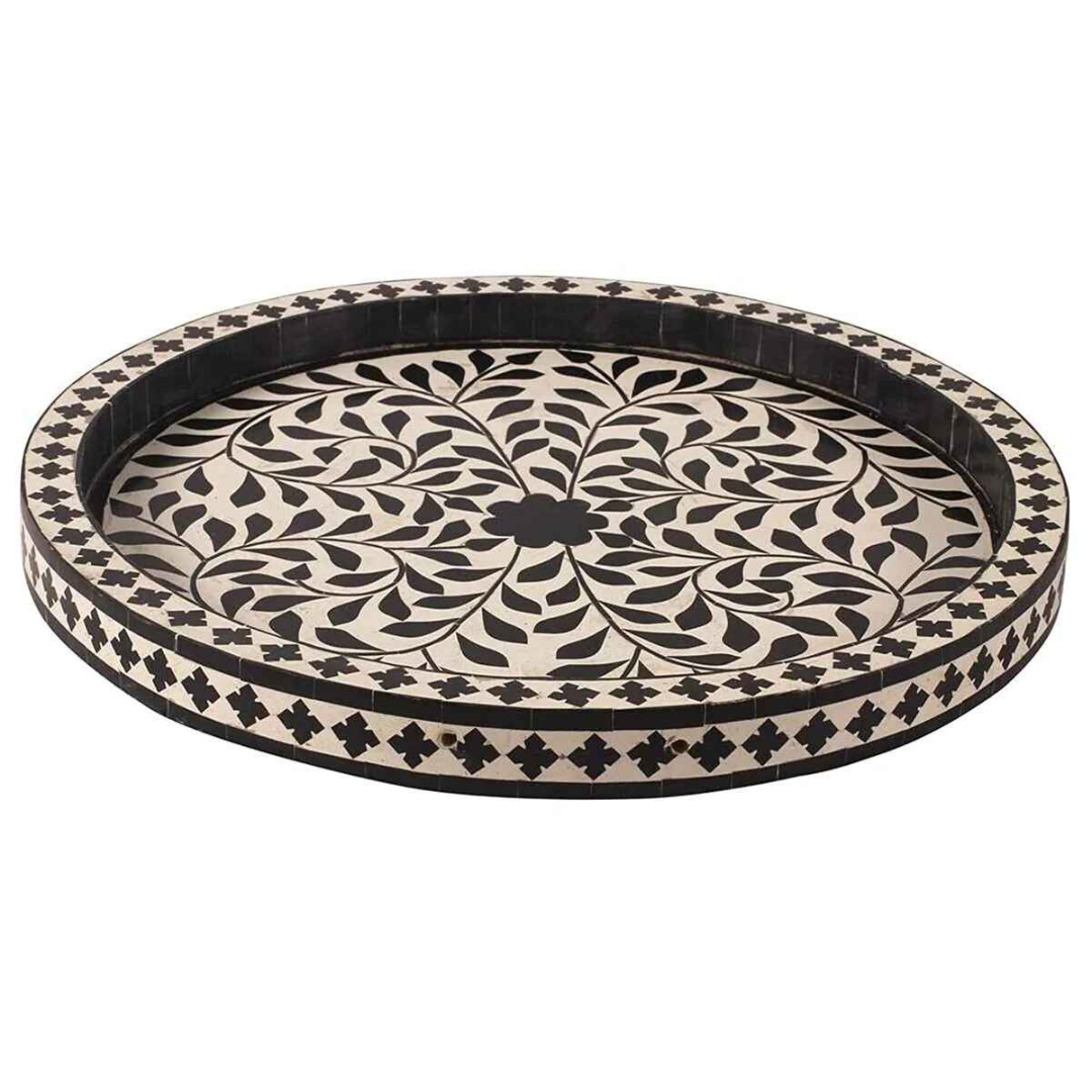 Handmade Bone Inlay Round Tray Black Floral Design Luxury Serving Tray Decorative Coffee Table Tray