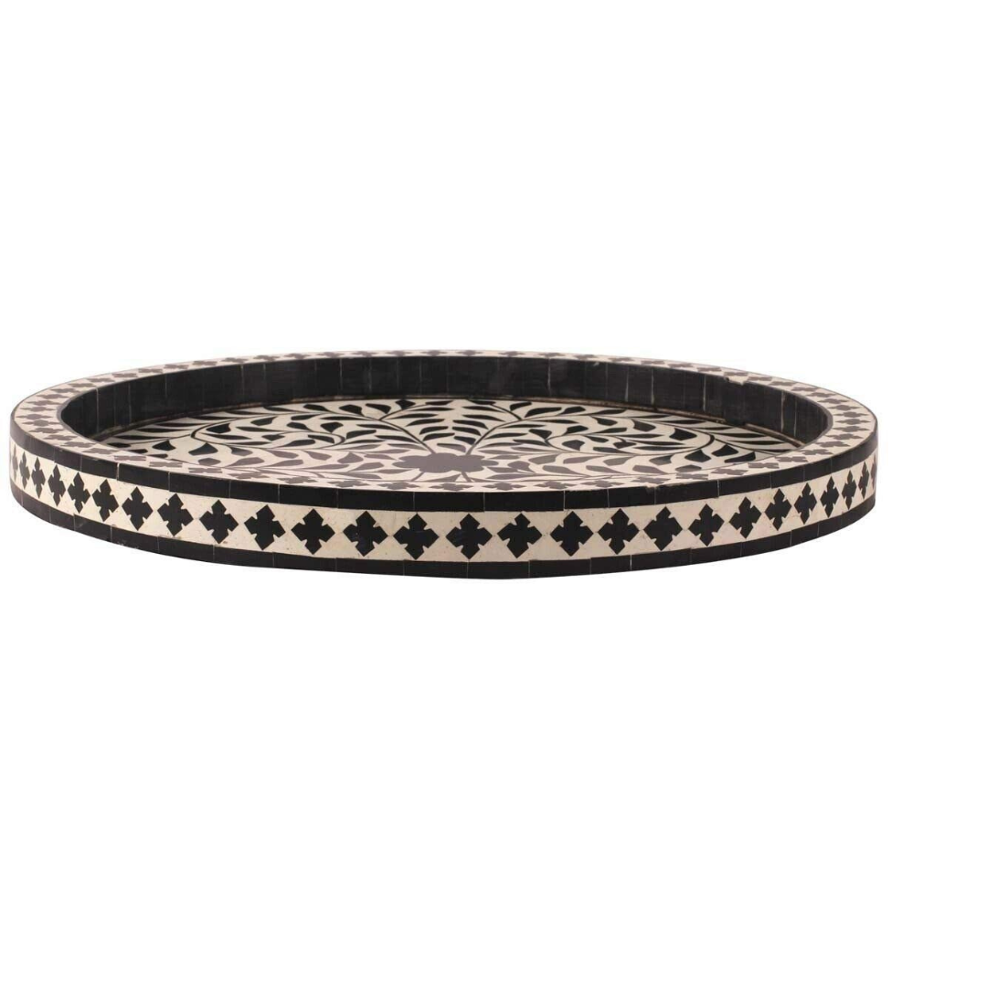 Handmade Bone Inlay Round Tray Black Floral Design Luxury Serving Tray Decorative Coffee Table Tray