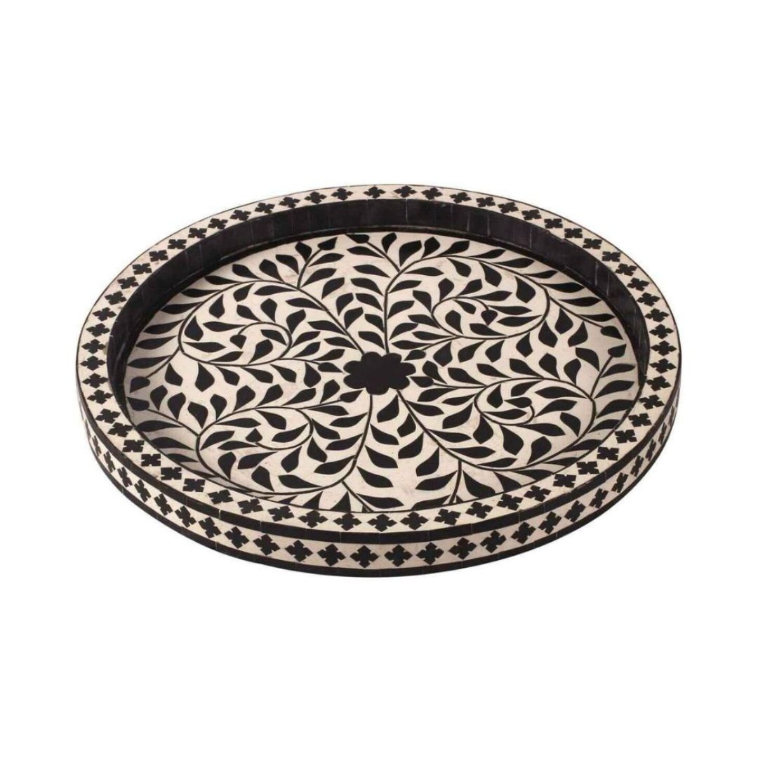 Handmade Bone Inlay Round Tray Black Floral Design Luxury Serving Tray Decorative Coffee Table Tray