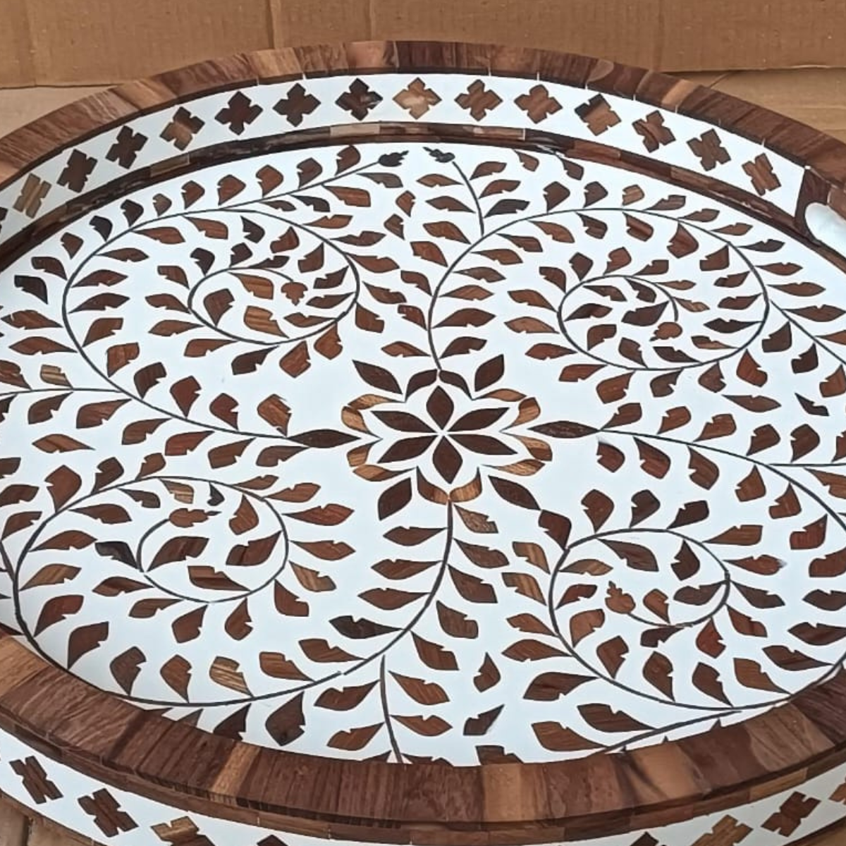 Handcrafted Bone Inlay Tray – Teak Wood Round Serving & Decorative Tray for Home