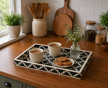 Handmade Bone Inlay Rectangular Tray Black Geometric Pattern Decorative Serving Tray Modern Coffee Table Decor
