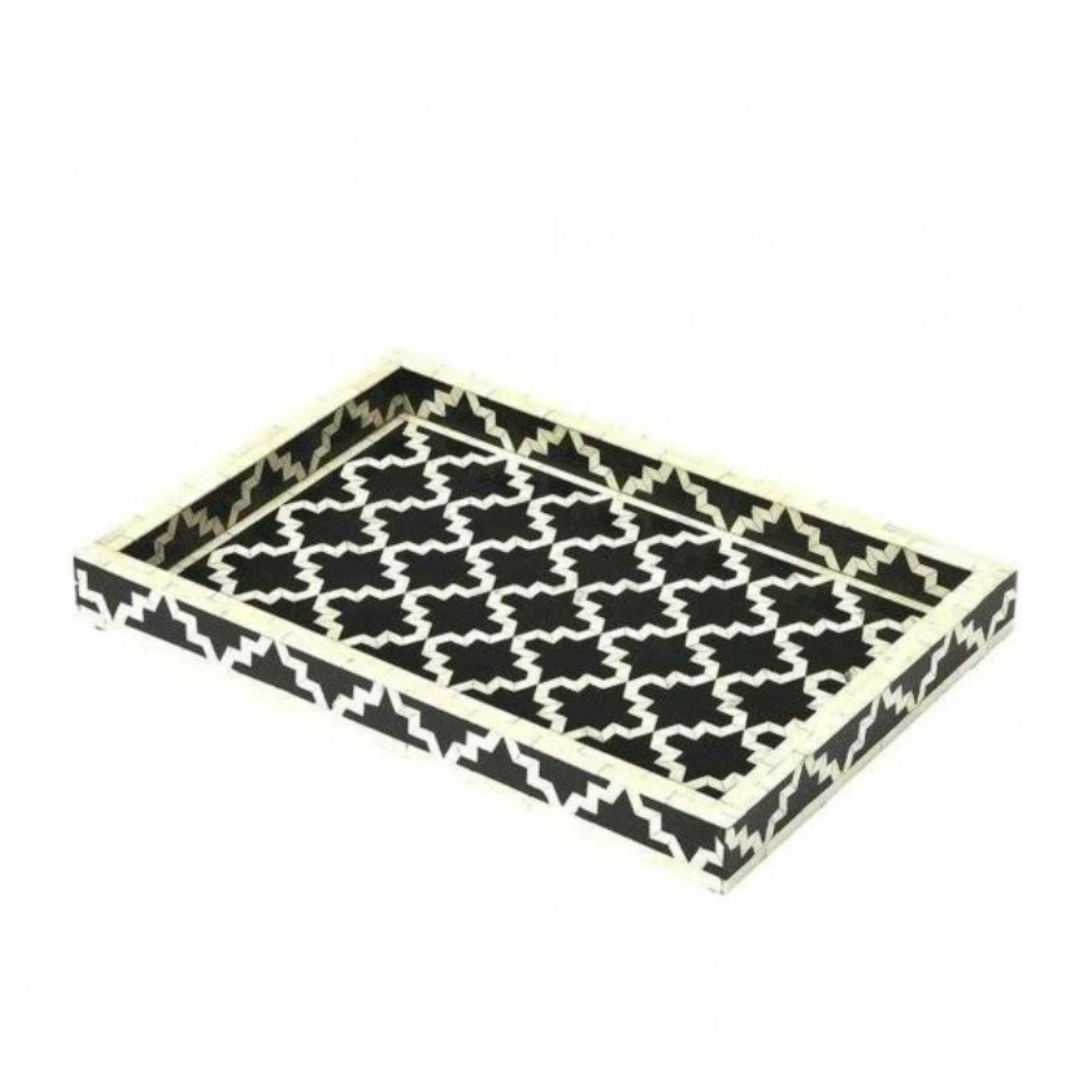 Handmade Bone Inlay Rectangular Tray Black Geometric Pattern Decorative Serving Tray Modern Coffee Table Decor