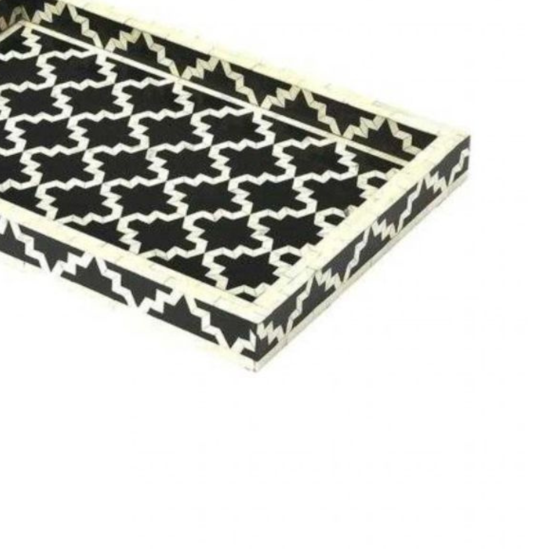 Handmade Bone Inlay Rectangular Tray Black Geometric Pattern Decorative Serving Tray Modern Coffee Table Decor