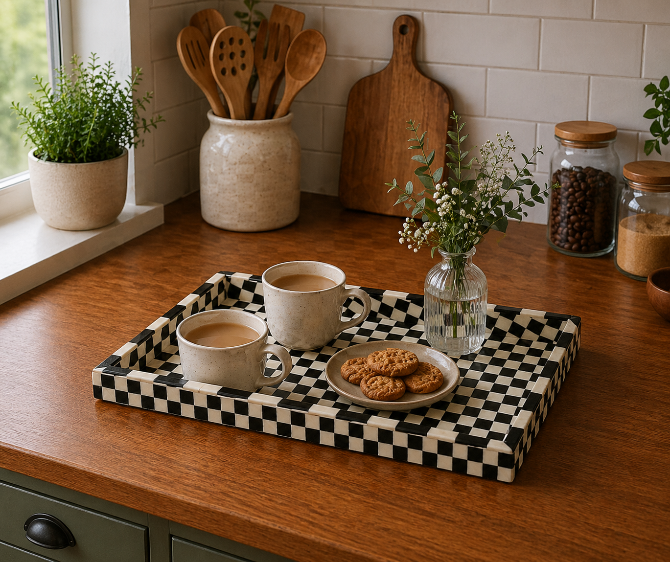 Handmade Bone Inlay Rectangular Tray Black White Checkered Pattern Decorative Serving Tray Coffee Table Decor