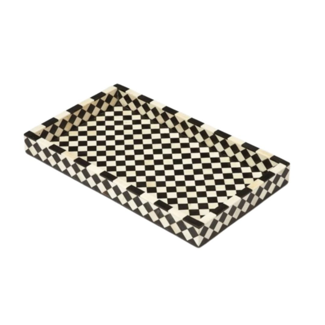Handmade Bone Inlay Rectangular Tray Black White Checkered Pattern Decorative Serving Tray Coffee Table Decor