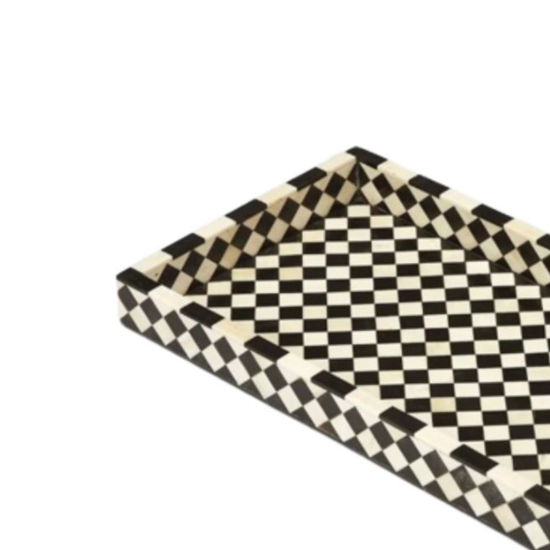 Handmade Bone Inlay Rectangular Tray Black White Checkered Pattern Decorative Serving Tray Coffee Table Decor
