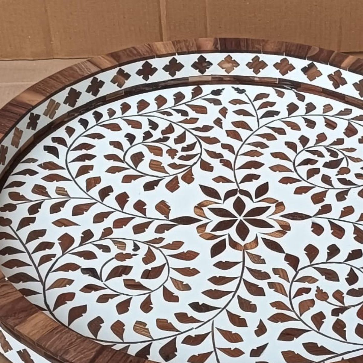 Handcrafted Bone Inlay Tray – Teak Wood Round Serving & Decorative Tray for Home