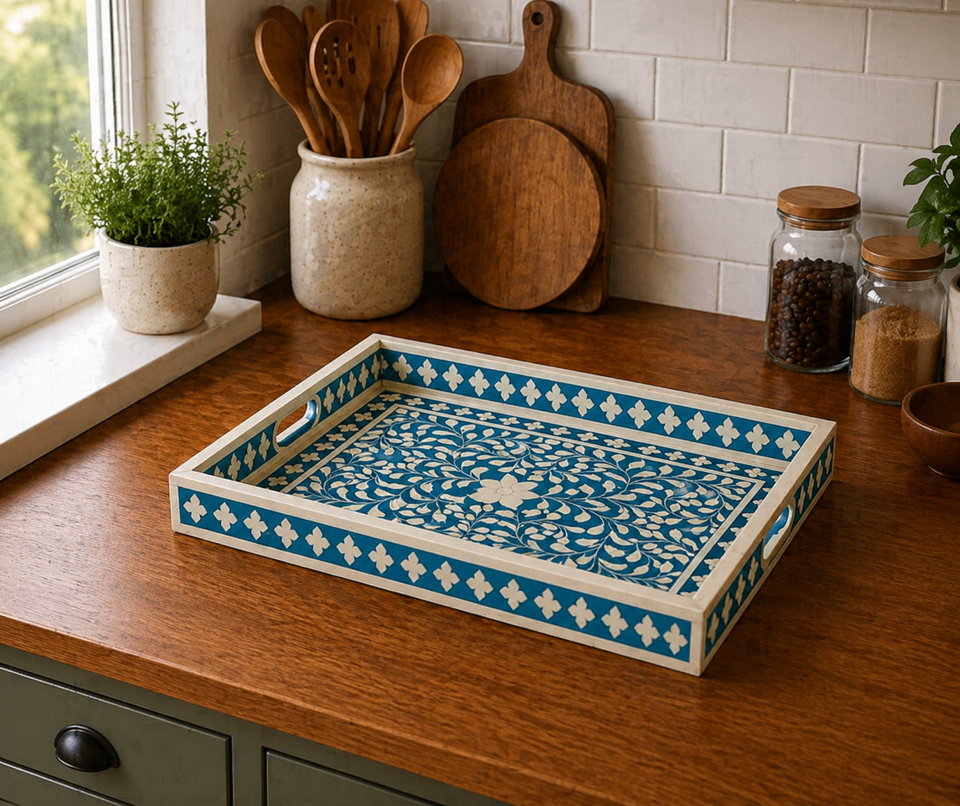 Handmade Bone Inlay Rectangular Tray Blue Floral Design Serving Tray Decorative Coffee Table Tray with Handles