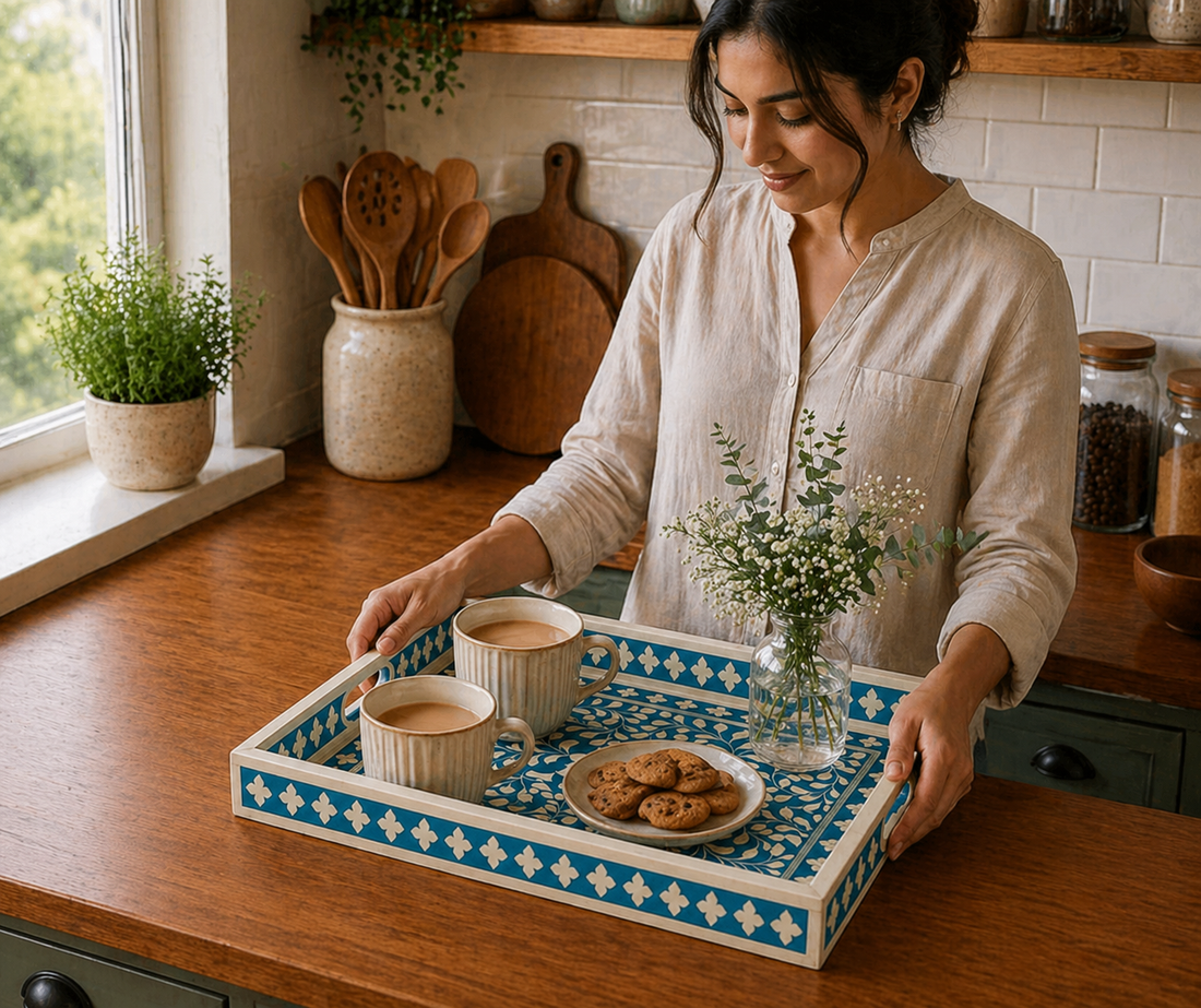 Handmade Bone Inlay Rectangular Tray Blue Floral Design Serving Tray Decorative Coffee Table Tray with Handles