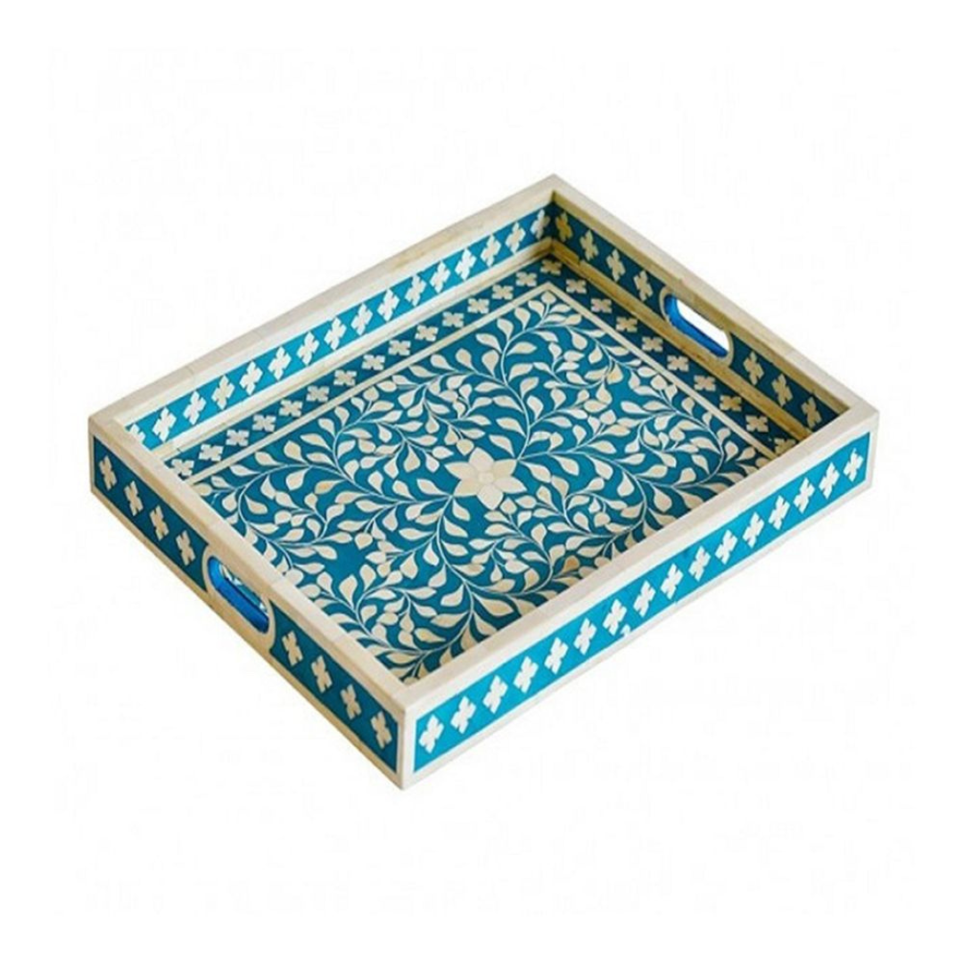Handmade Bone Inlay Rectangular Tray Blue Floral Design Serving Tray Decorative Coffee Table Tray with Handles