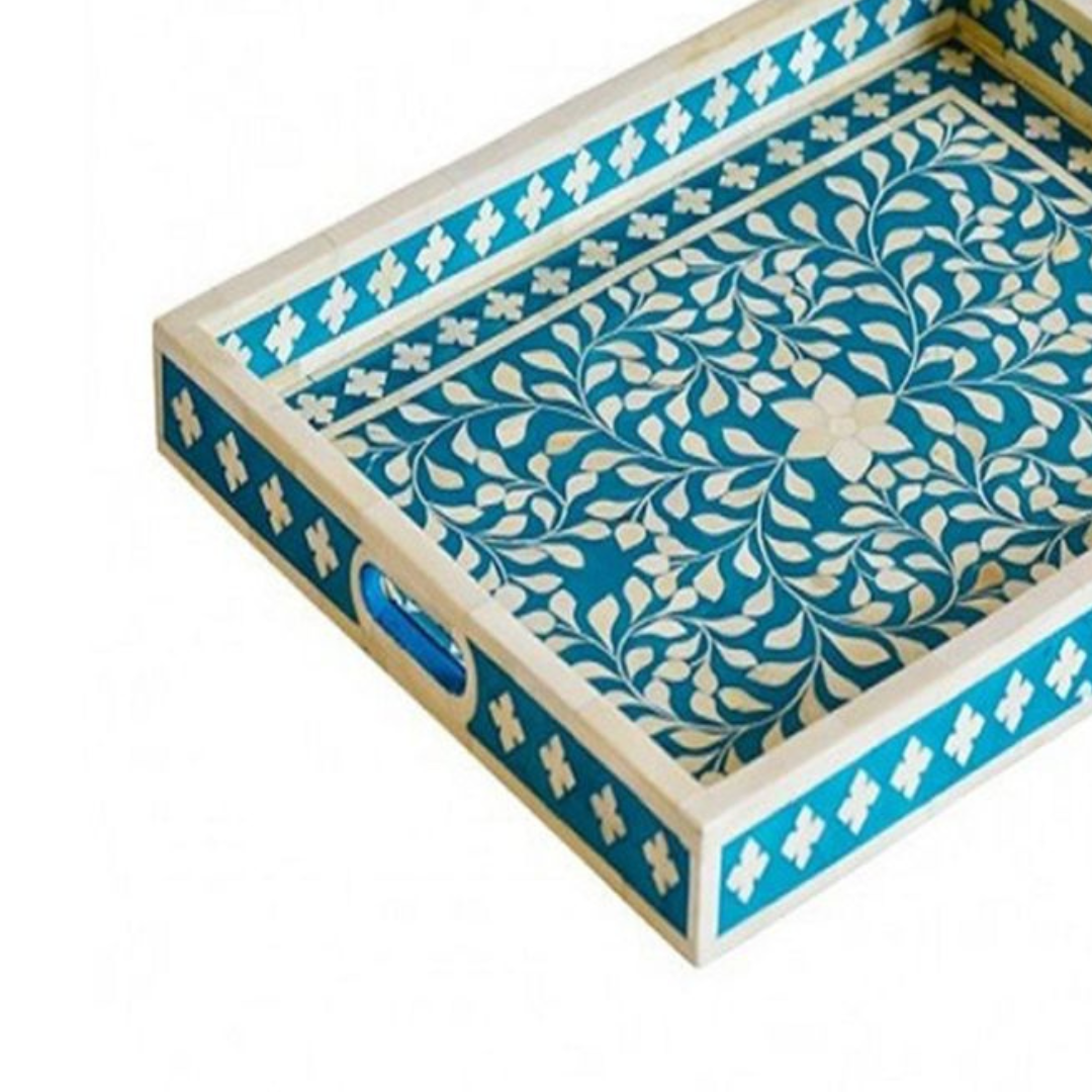 Handmade Bone Inlay Rectangular Tray Blue Floral Design Serving Tray Decorative Coffee Table Tray with Handles