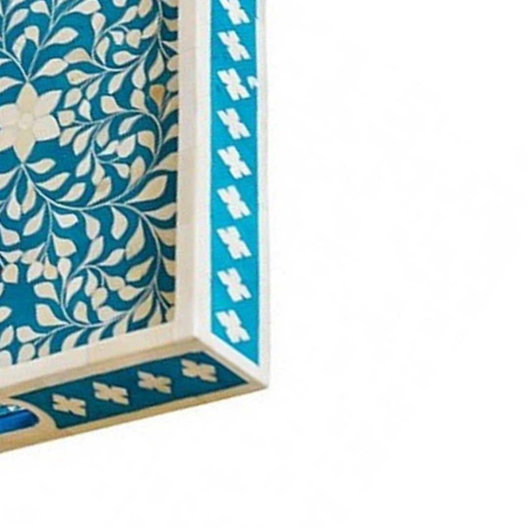 Handmade Bone Inlay Rectangular Tray Blue Floral Design Serving Tray Decorative Coffee Table Tray with Handles