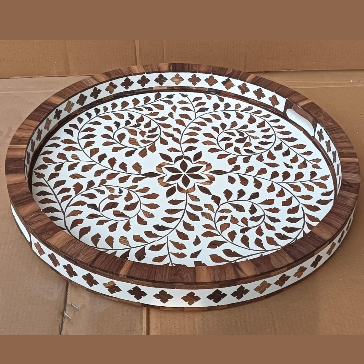 Handcrafted Bone Inlay Tray – Teak Wood Round Serving & Decorative Tray for Home