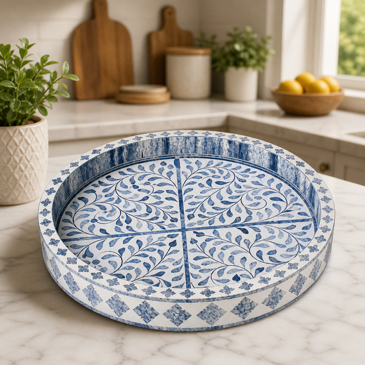 Handmade Blue Bone Inlay Round Serving Tray Floral Design Decorative Kitchen Tray