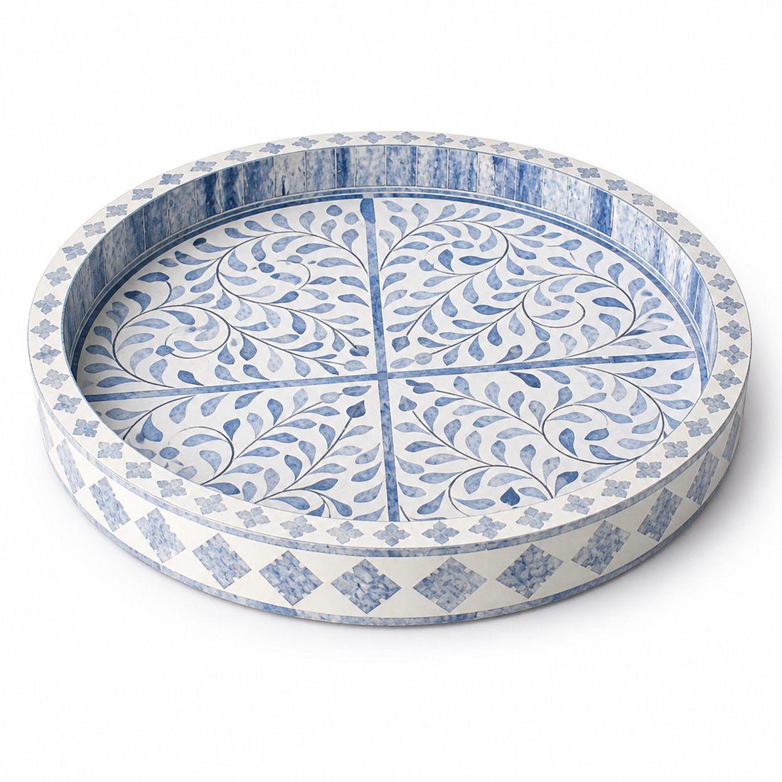 Handmade Blue Bone Inlay Round Serving Tray Floral Design Decorative Kitchen Tray