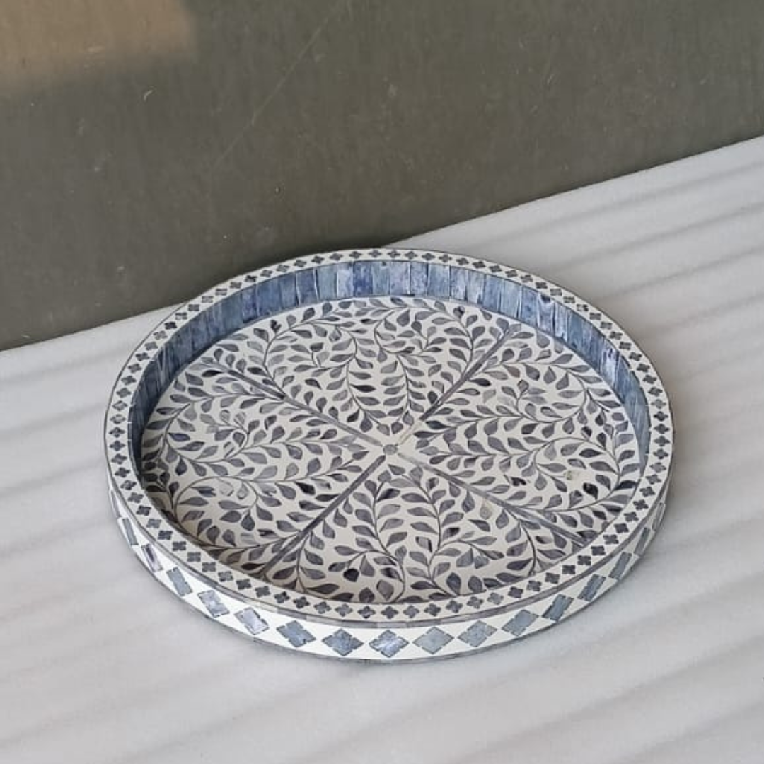 Handmade Blue Bone Inlay Round Serving Tray Floral Design Decorative Kitchen Tray