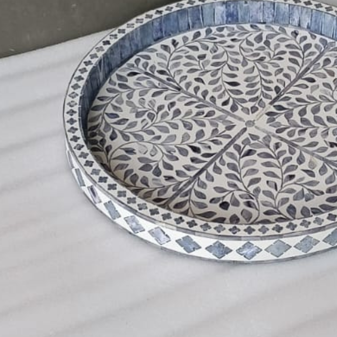 Handmade Blue Bone Inlay Round Serving Tray Floral Design Decorative Kitchen Tray