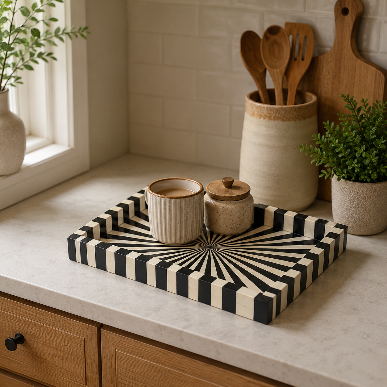 Black & White Bone Inlay Tray – Handmade Decorative Serving Tray