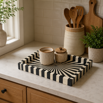 Black & White Bone Inlay Tray – Handmade Decorative Serving Tray