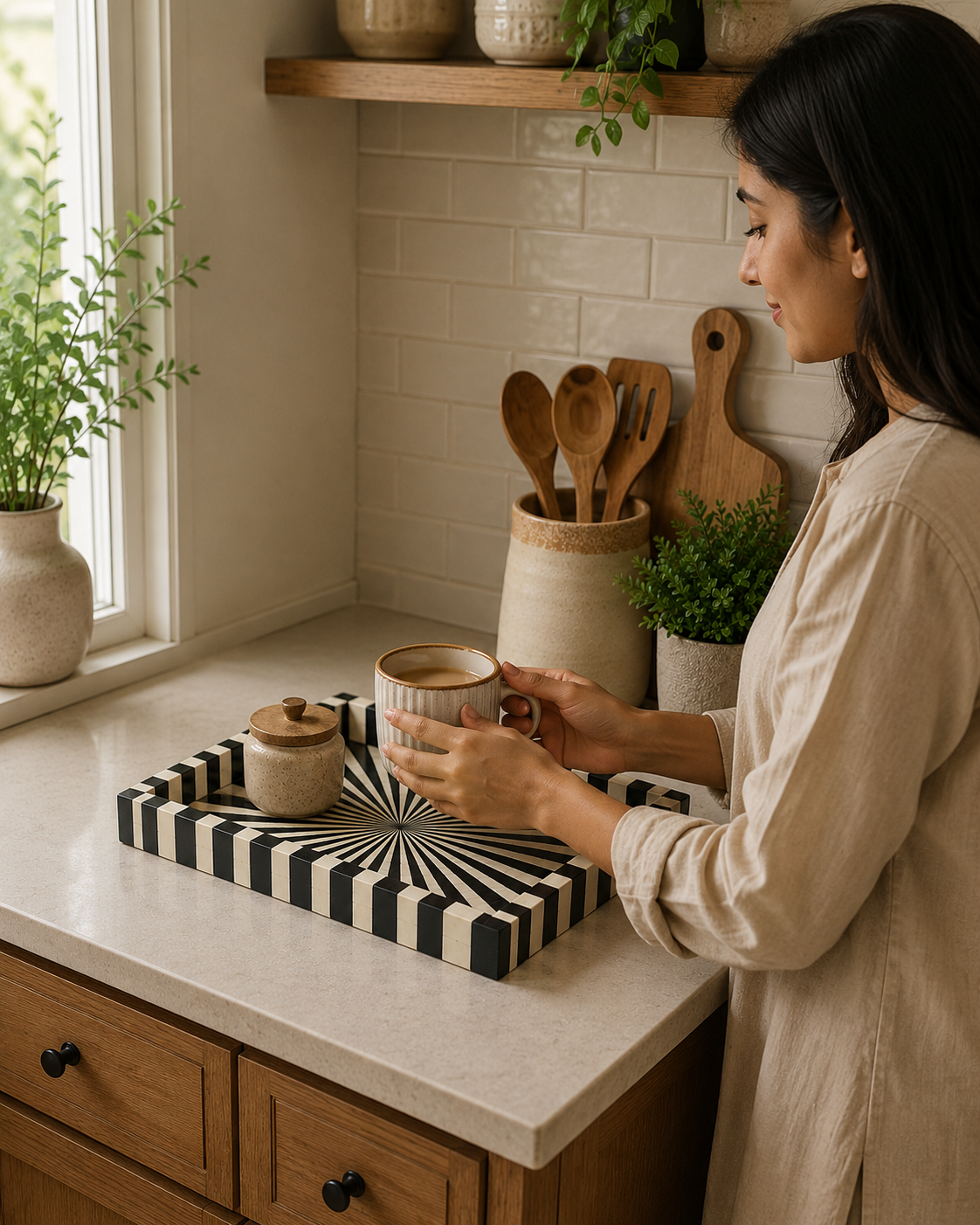 Black & White Bone Inlay Tray – Handmade Decorative Serving Tray