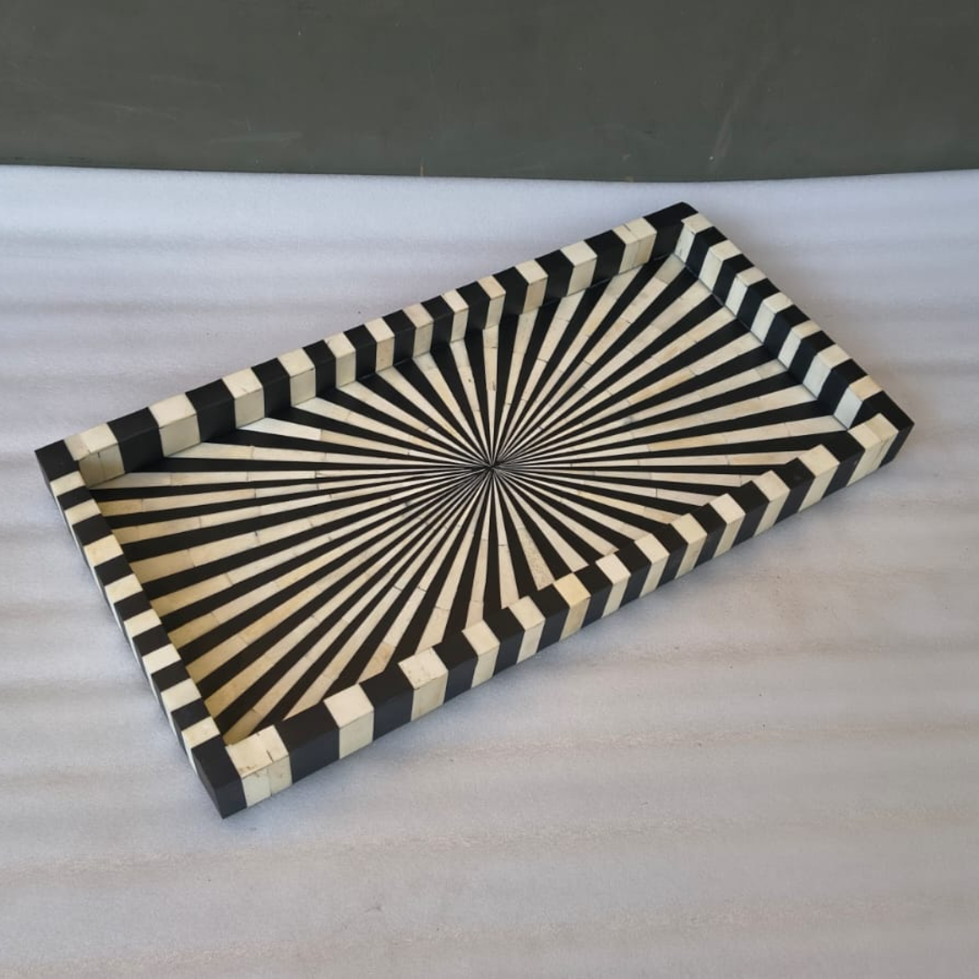 Black & White Bone Inlay Tray – Handmade Decorative Serving Tray