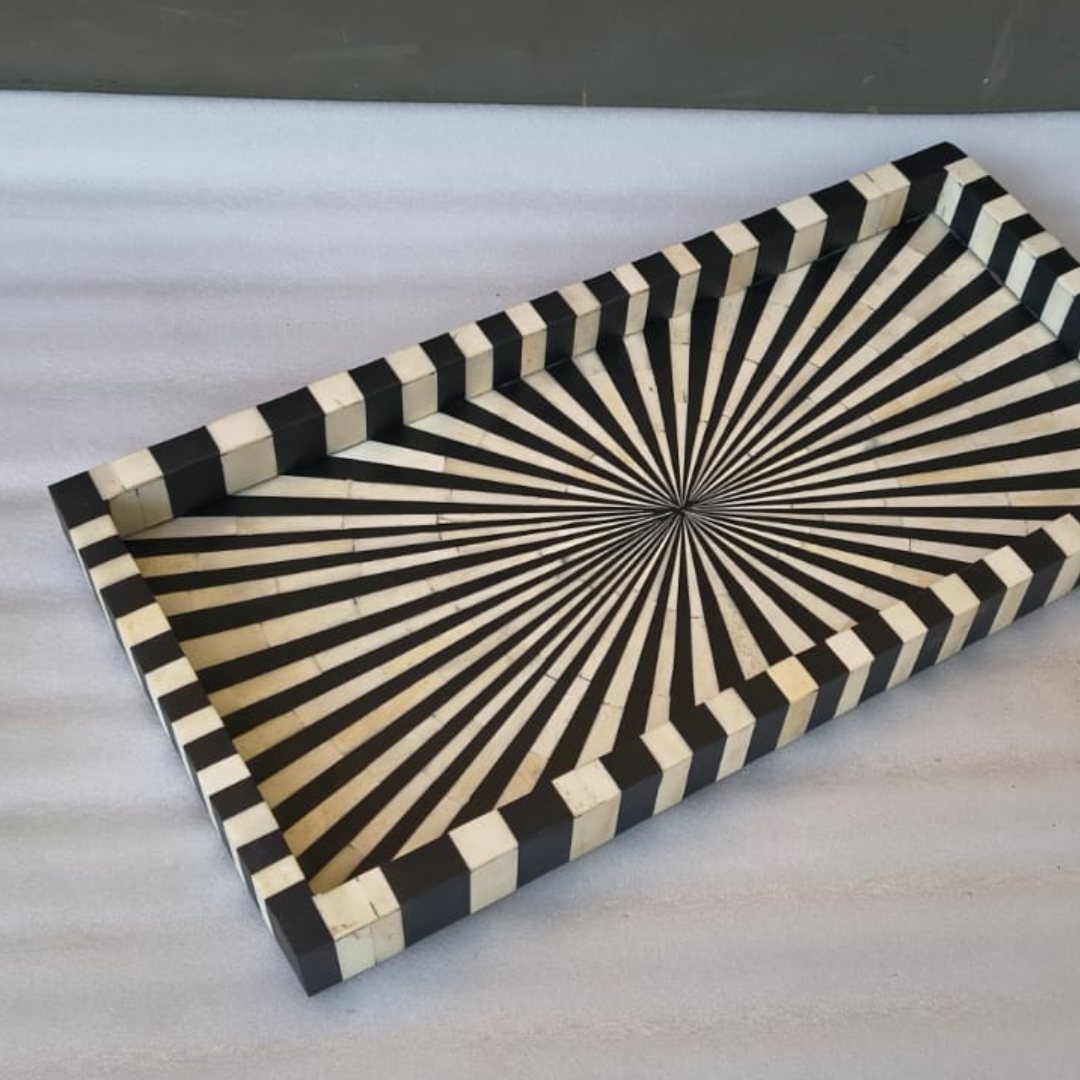 Black & White Bone Inlay Tray – Handmade Decorative Serving Tray