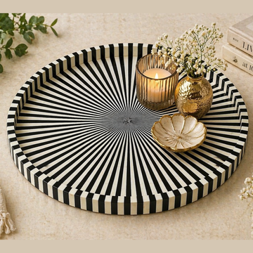 Handmade Bone Inlay Round Tray Black White Stripe Design Decorative Serving Tray Tabletop Art