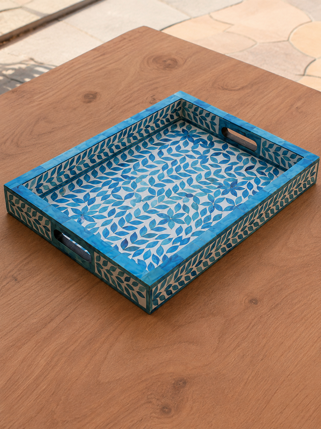 Blue Bone Inlay Serving Tray Handmade Decorative Wooden Tray Luxury Coffee Table Ottoman Tray Home Decor Gift