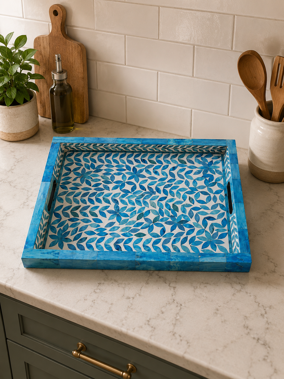 Blue Bone Inlay Serving Tray Handmade Decorative Wooden Tray Luxury Coffee Table Ottoman Tray Home Decor Gift